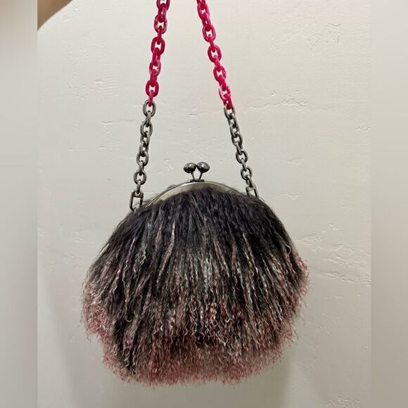 Handmade Gradient Color Real Mongolian Lamb Fur Kisslock Shoulder Bag/Crossbody - Picture 5 of 14